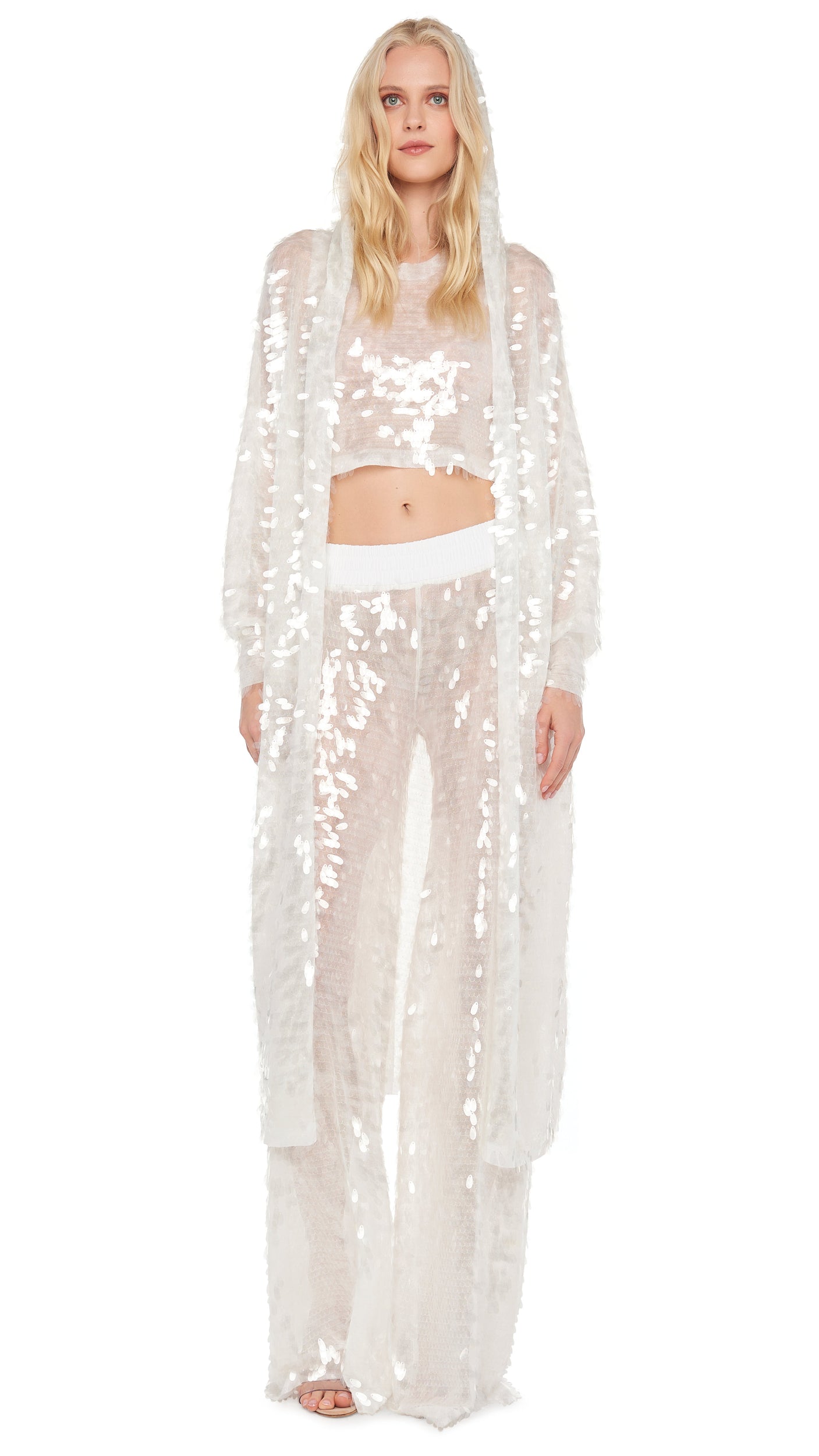 HOODED ROBE TO KNEE – Clear/White – Norma Kamali