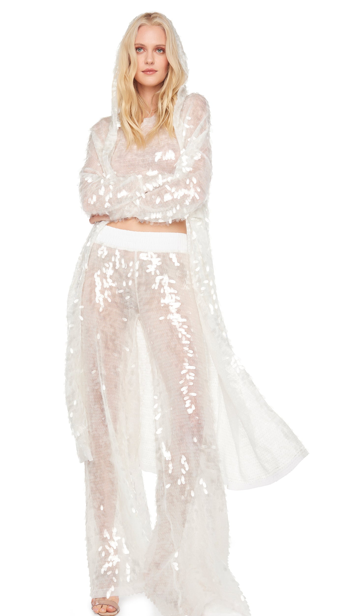 HOODED ROBE TO KNEE – Clear/White – Norma Kamali