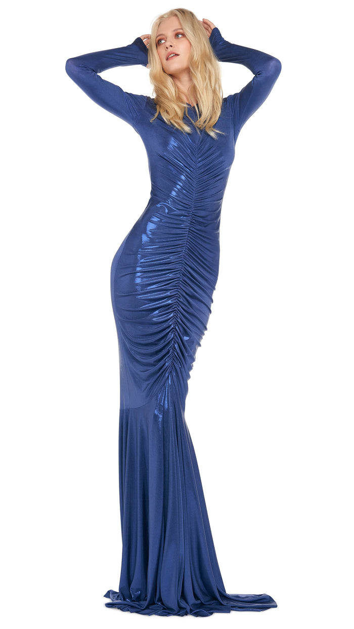 LS V NECK SHIRRED FRONT FISHTAIL GOWN #5