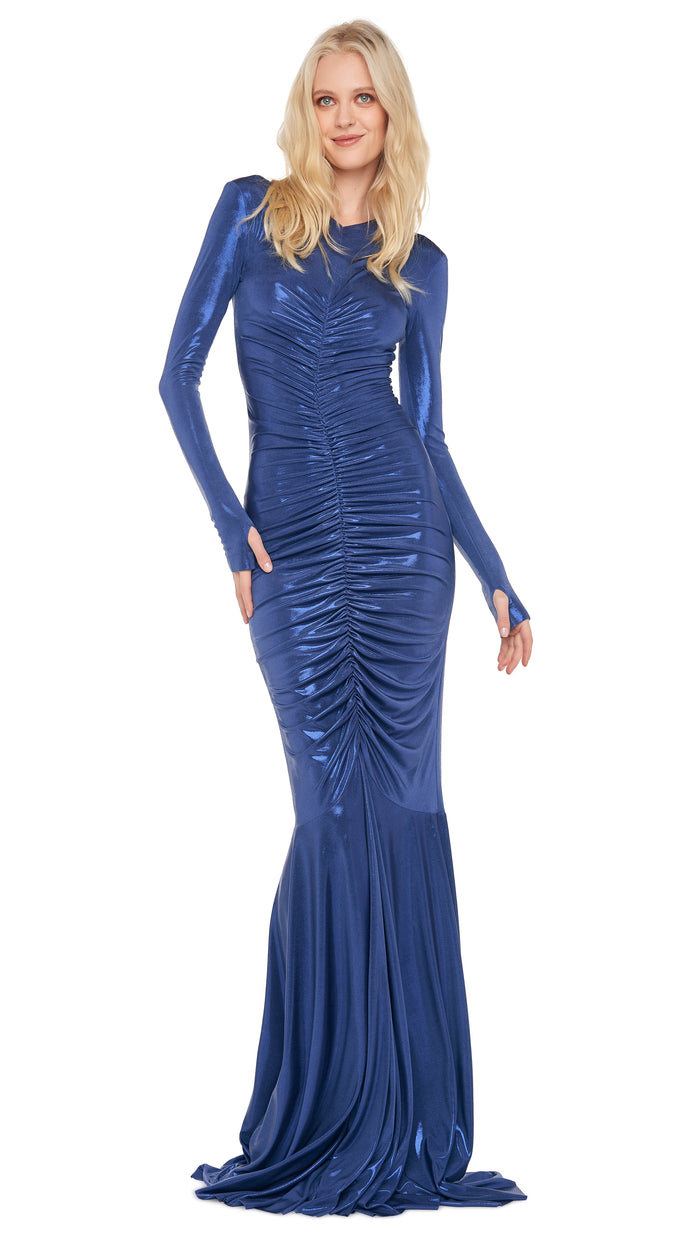 LS V NECK SHIRRED FRONT FISHTAIL GOWN #6