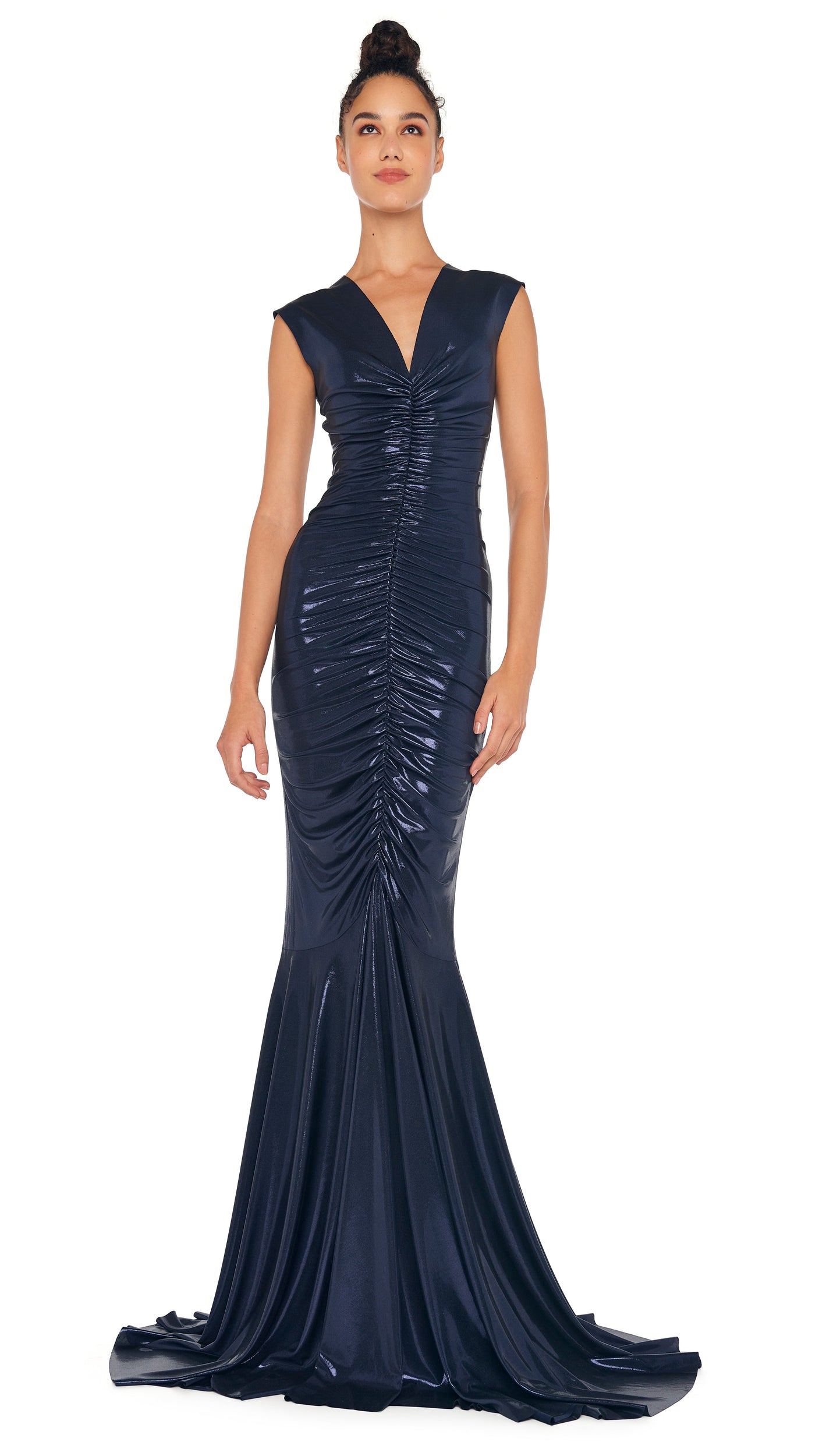 Sleeveless Deep V Neck Shirred Front Fishtail Gown