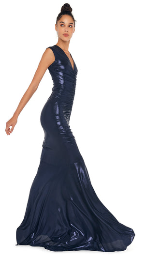 DEEP V NECK SHIRRED FISHTAIL GOWN #6 Thumbnail