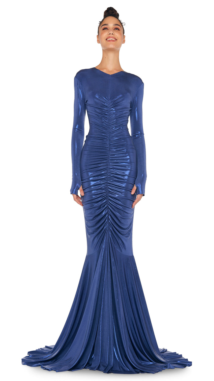 LS V NECK SHIRRED FRONT FISHTAIL GOWN #8