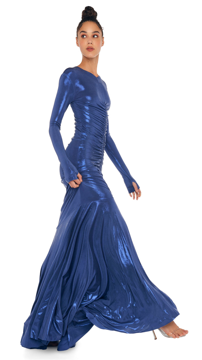 LS V NECK SHIRRED FRONT FISHTAIL GOWN #13