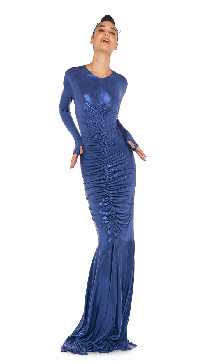 LS V NECK SHIRRED FRONT FISHTAIL GOWN #12