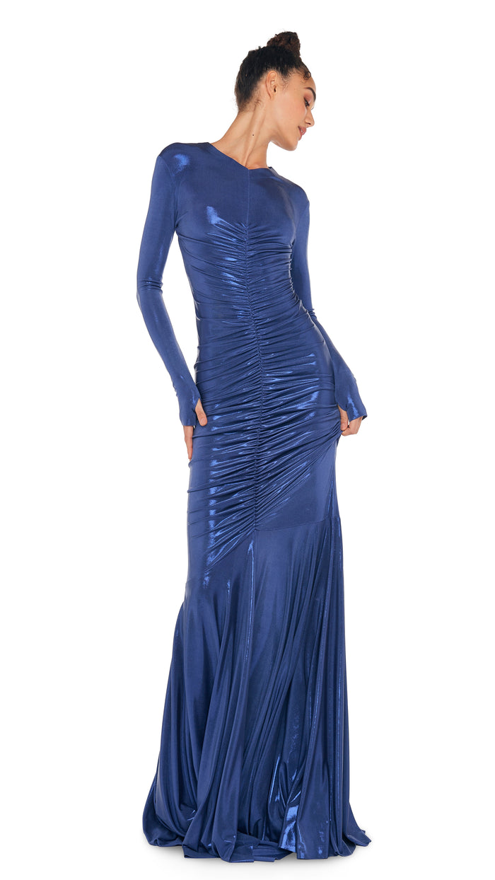 LS V NECK SHIRRED FRONT FISHTAIL GOWN #14
