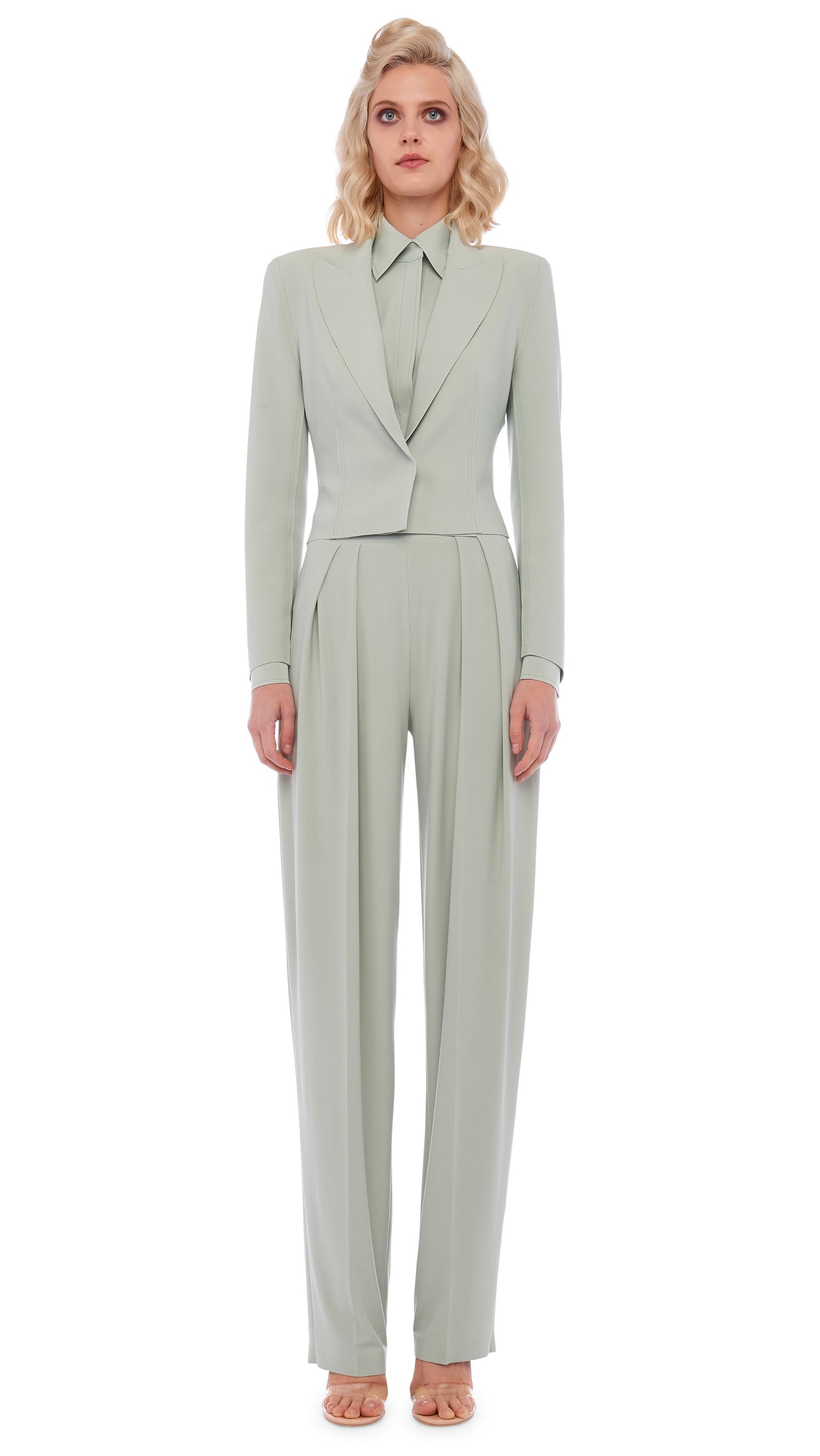 TAPERED PLEATED TROUSER – Dried Sage – Norma Kamali