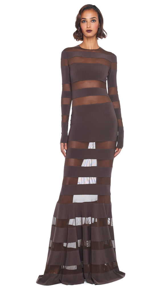 SPLICED DRESS FISHTAIL GOWN – Chocolate/Chocolate Mesh – Norma Kamali