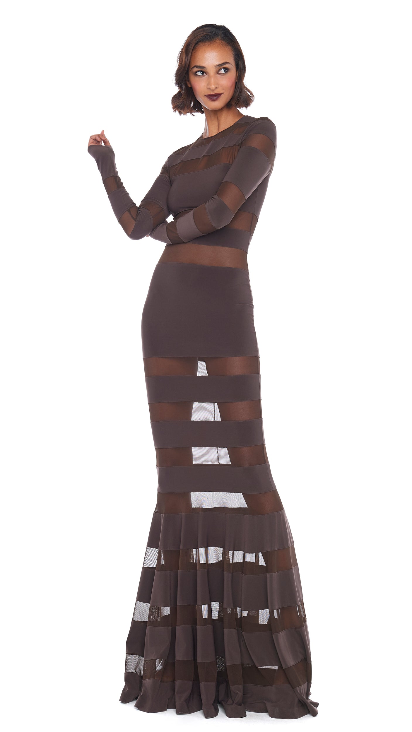 SPLICED DRESS FISHTAIL GOWN – Chocolate/Chocolate Mesh – Norma Kamali