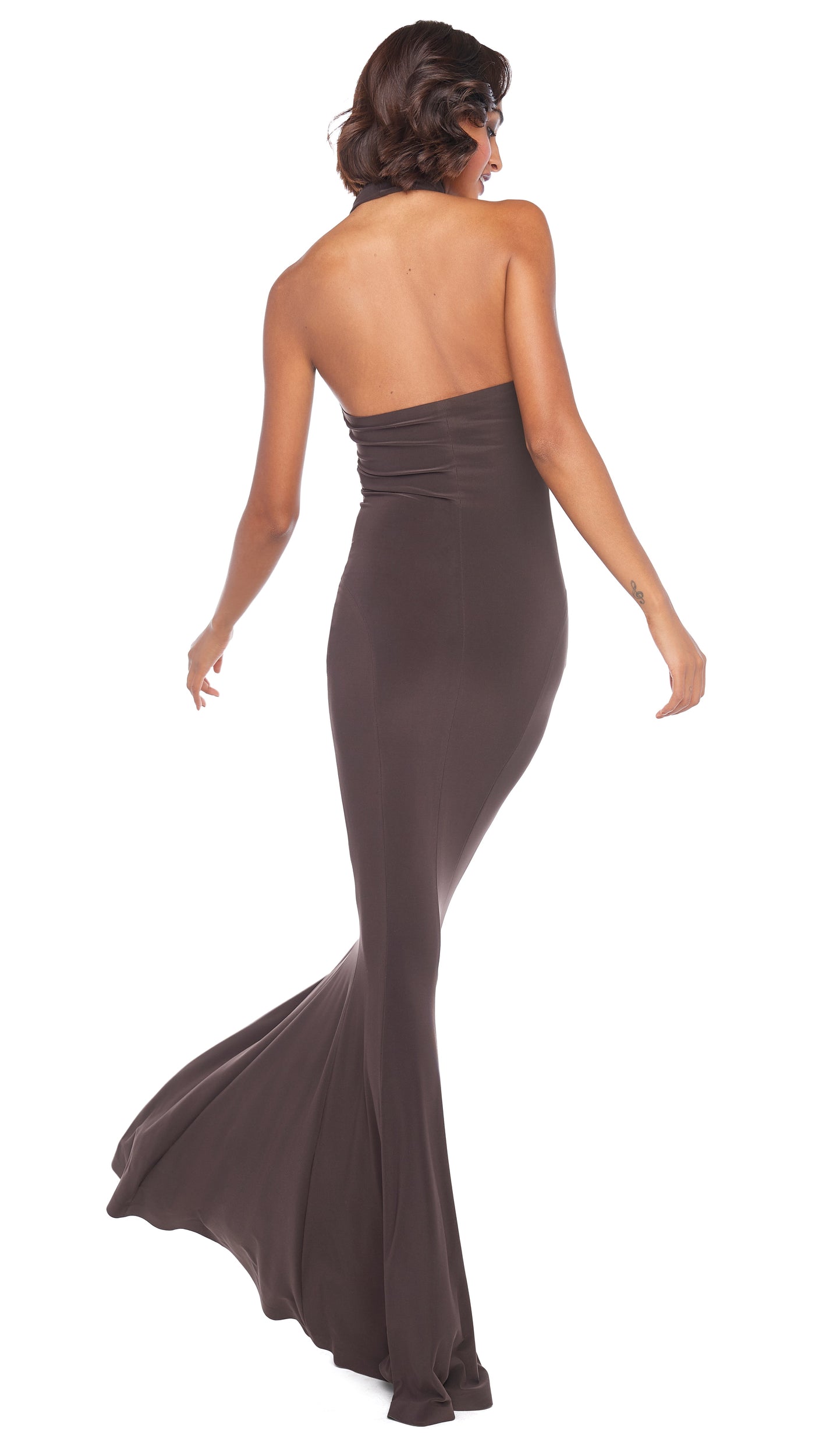 Norma Kamali Halter Turtle Fishtail Gown - Chocolate / Size XL Norma Kamali Halter Turtle Fishtail Gown - Chocolate / Size XL