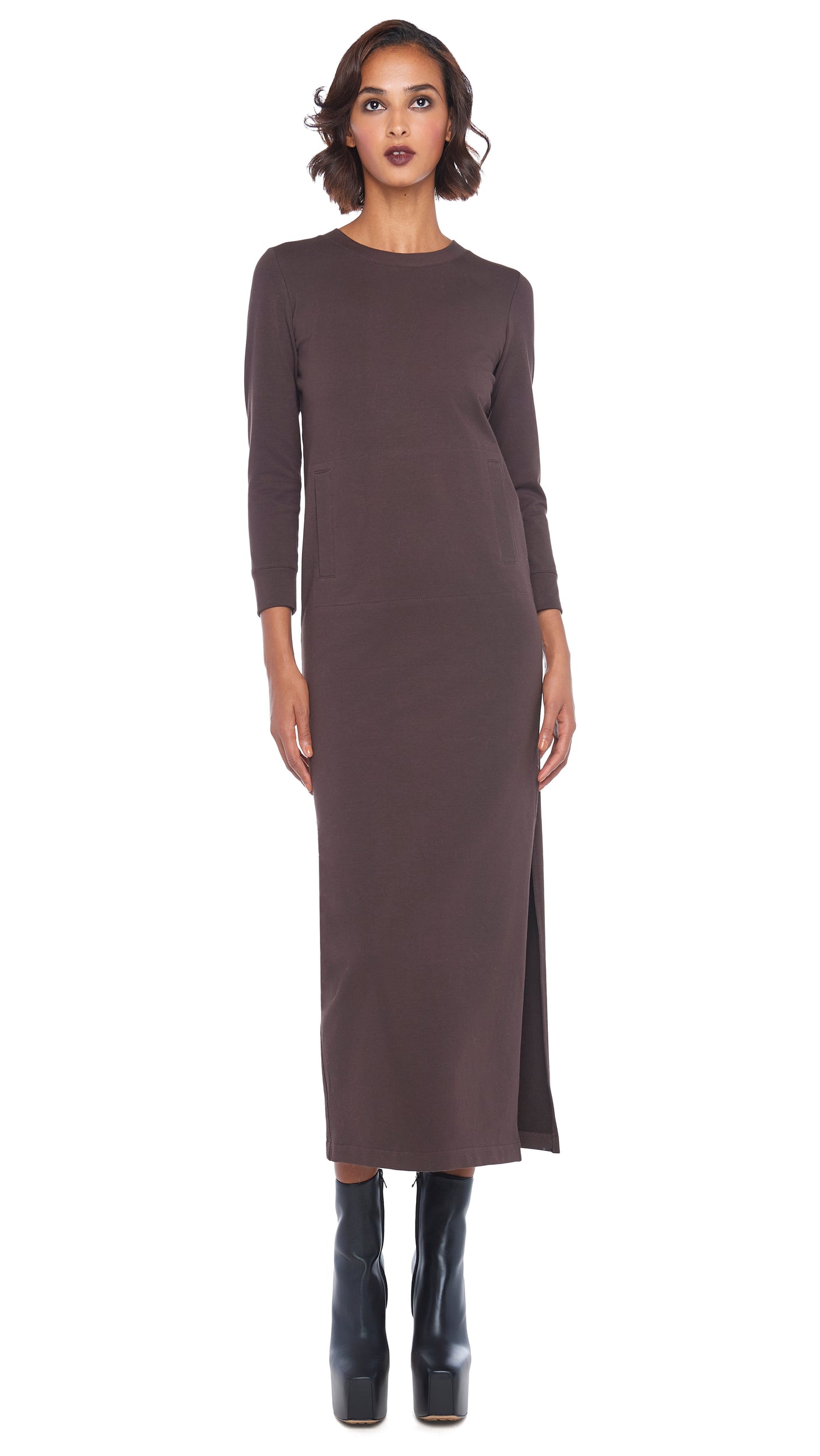 3/4 SLEEVE TAILORED TERRY GOWN – Chocolate – Norma Kamali