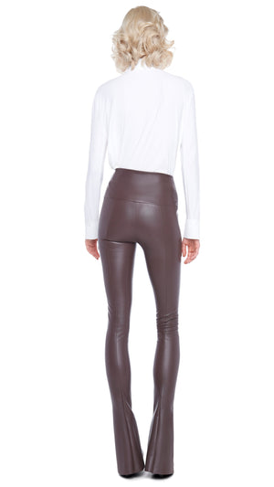 High-rise faux leather flared leggings in brown - Norma Kamali