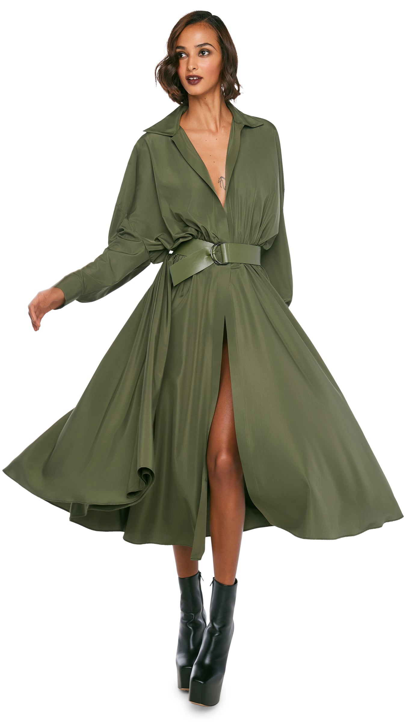 SUPER OS BF NK SHIRT FLARED DRESS – Military – Norma Kamali