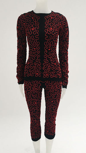 CORDED EMBROIDERY RED ON BLK TOP + PENCIL PANT - 3 #2 Thumbnail