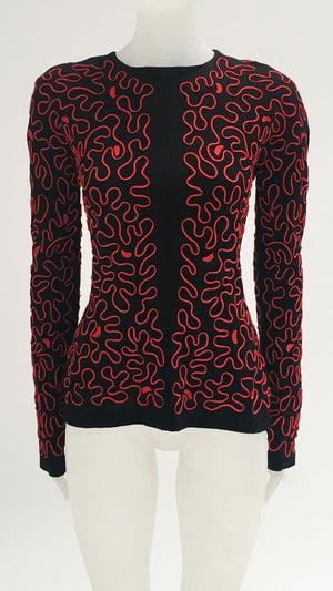 CORDED EMBROIDERY RED ON BLK TOP + PENCIL PANT - 2 #1 Thumbnail