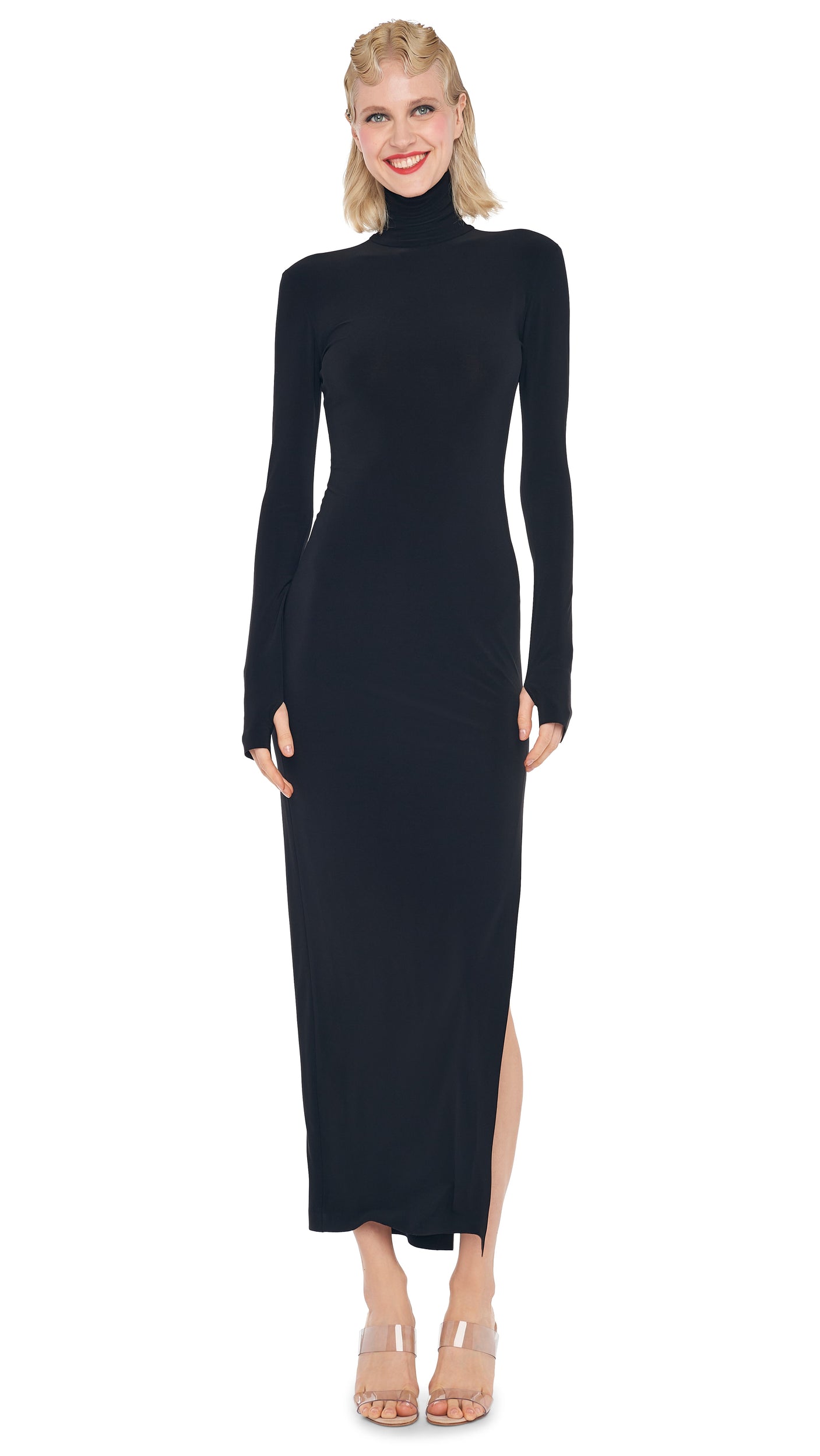 TURTLENECK SIDE SLIT GOWN – Black – Norma Kamali