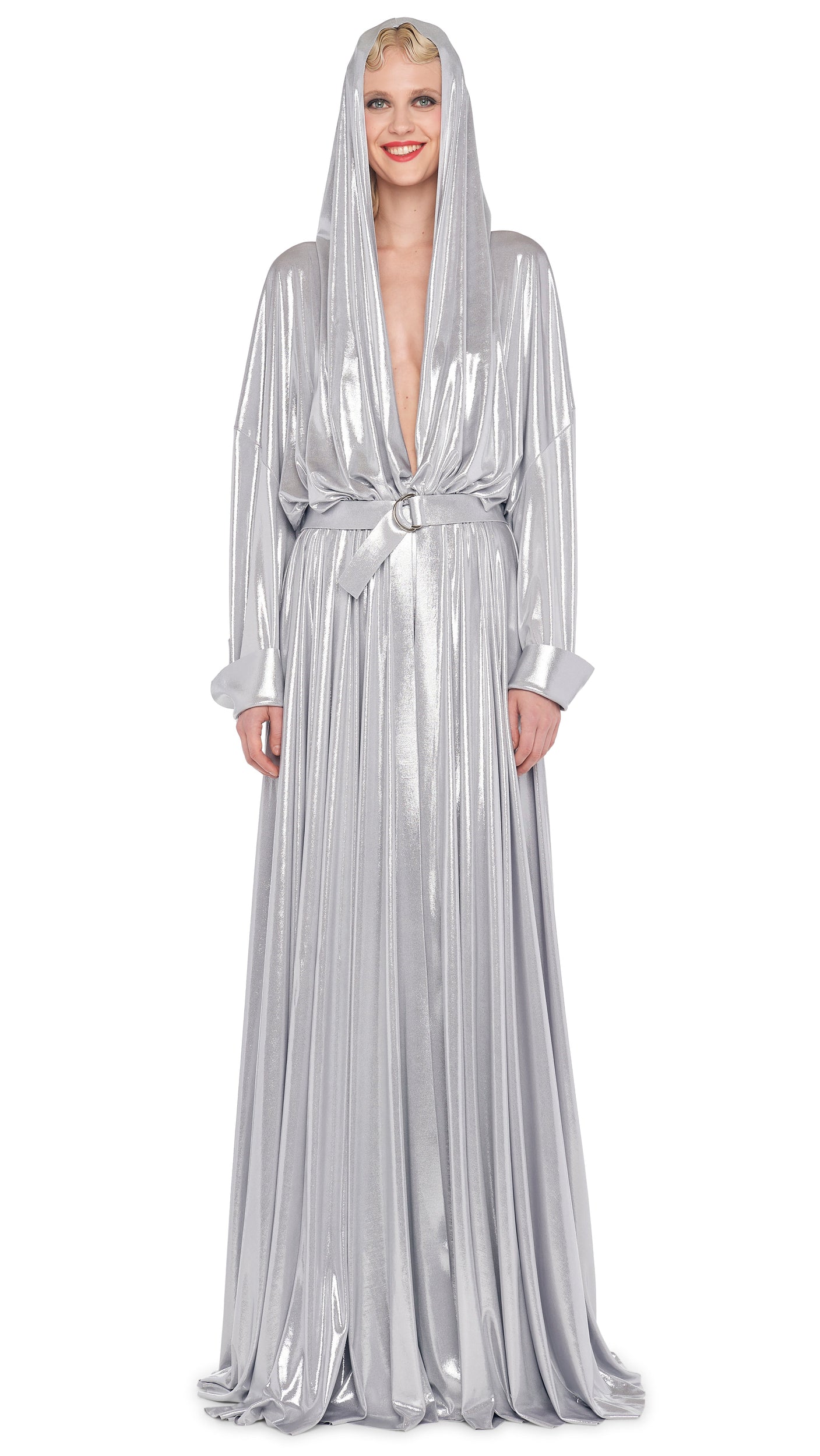 HOODED SUPER OVERSIZED BOYFRIEND NK SHIRT FLARED GOWN – Silver