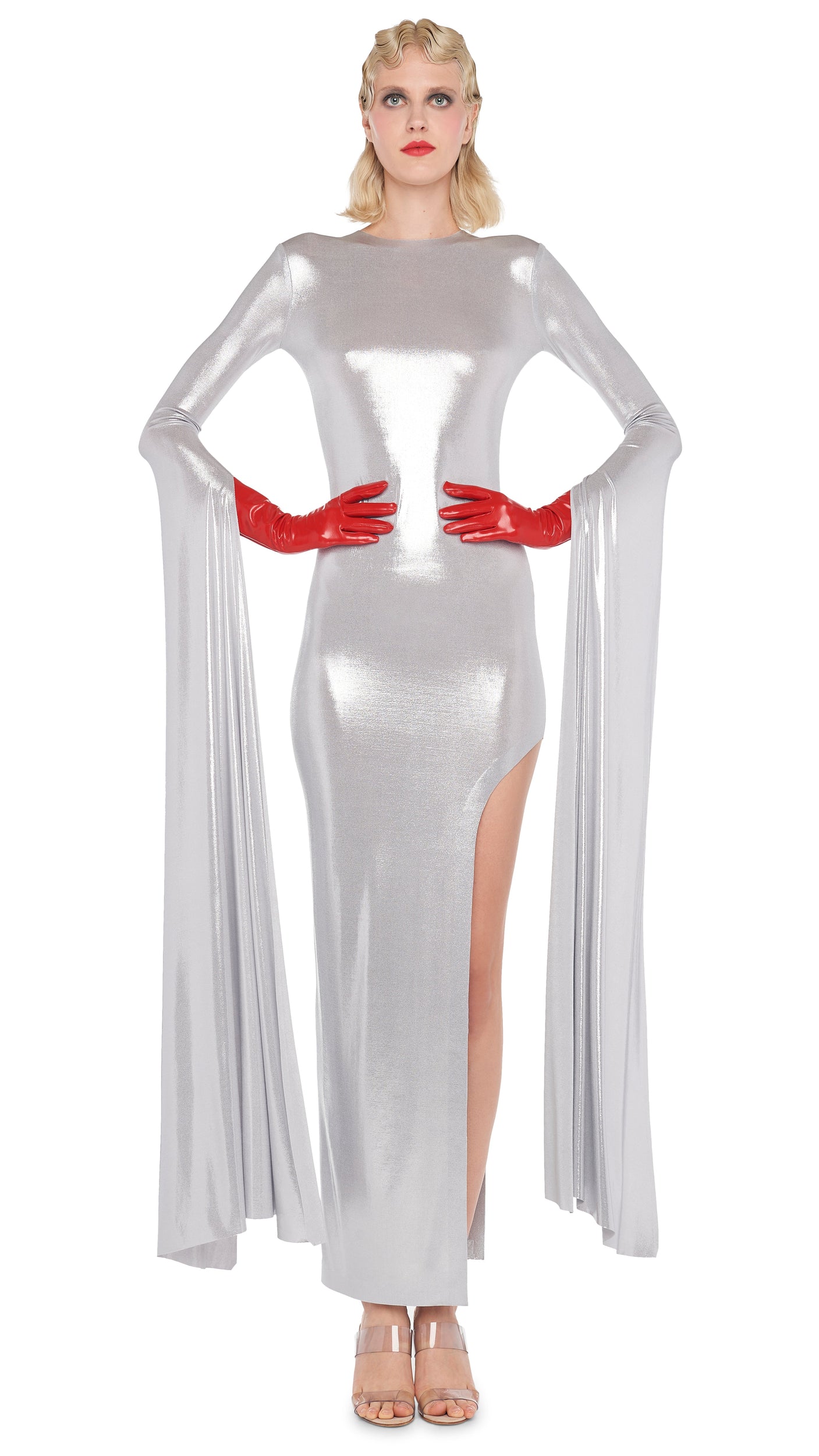 RIBBON SLEEVE WIDE SLIT GOWN – Silver – Norma Kamali
