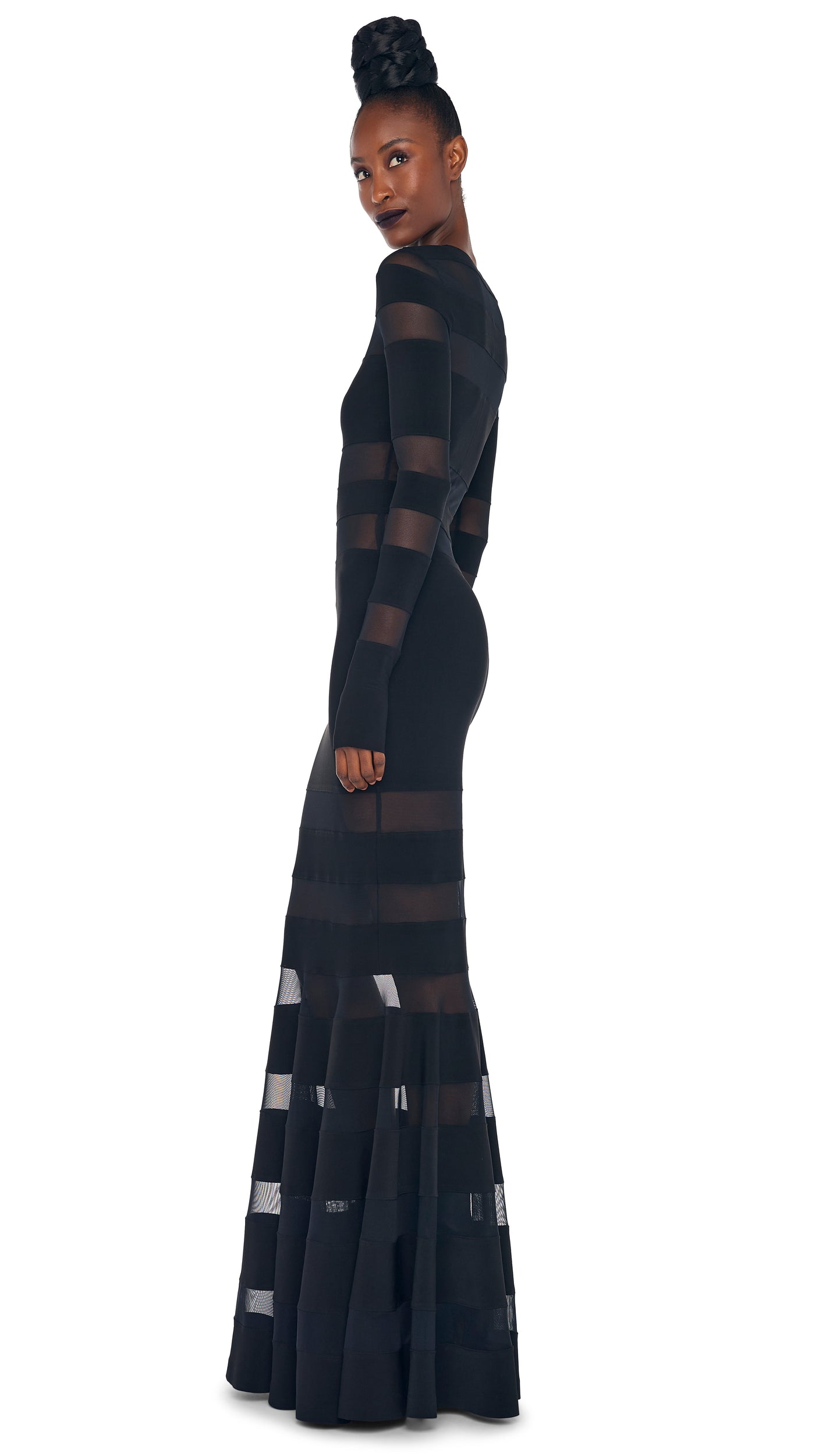 SPLICED DRESS FISHTAIL GOWN – Black/Black Mesh – Norma Kamali