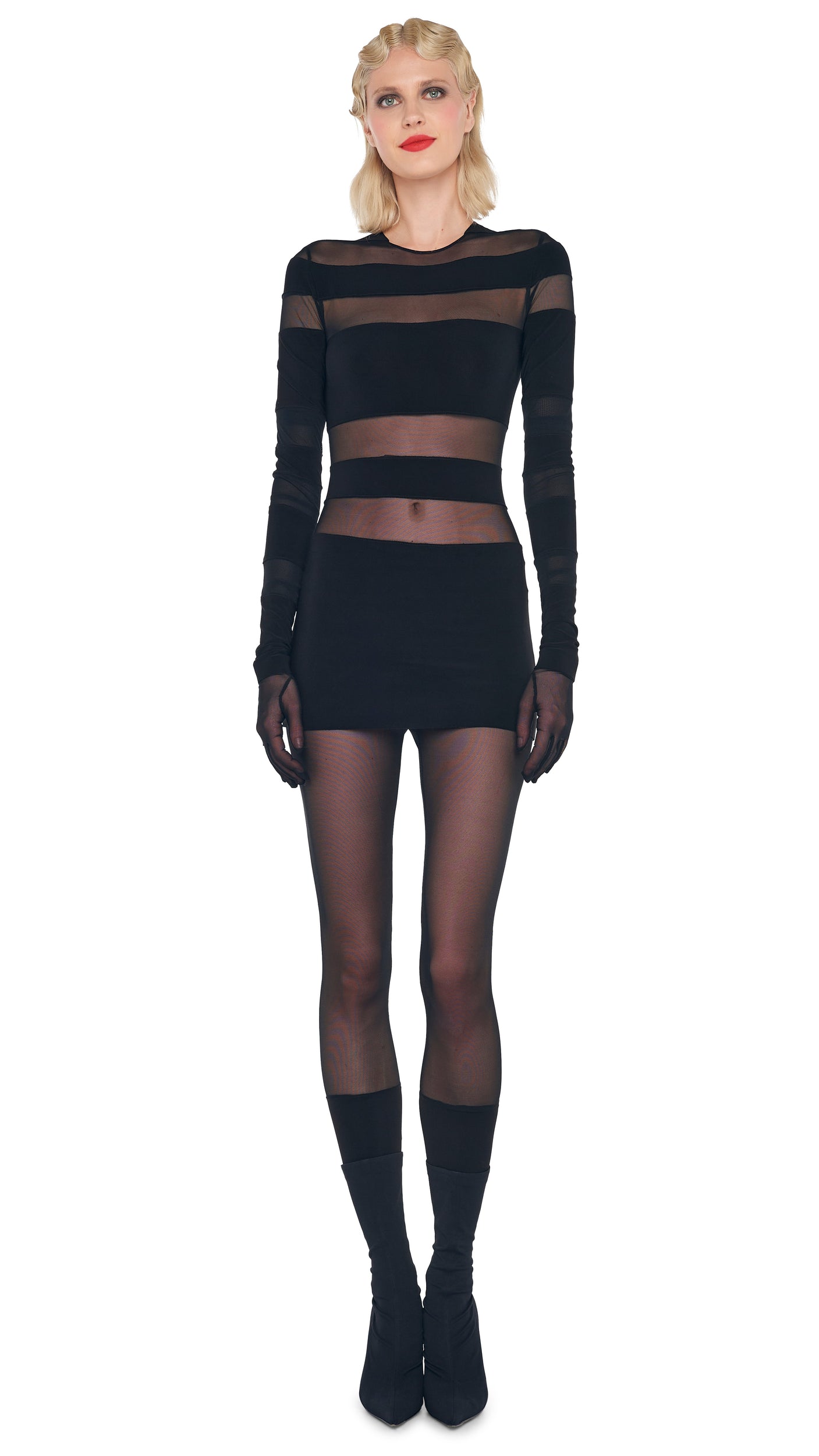 spliced long sleeve pickleball dress Norma Kamali Spliced Long Sleeve Pickleball Dress In Black & Black Mesh