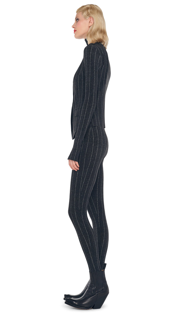 TURTLE CATSUIT W/ FOOTIE – Woven Pinstripe – Norma Kamali