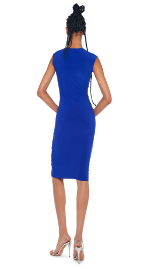 SLEEVELESS V NECK SHIRRED FRONT DRESS TO KNEE – Electric Blue