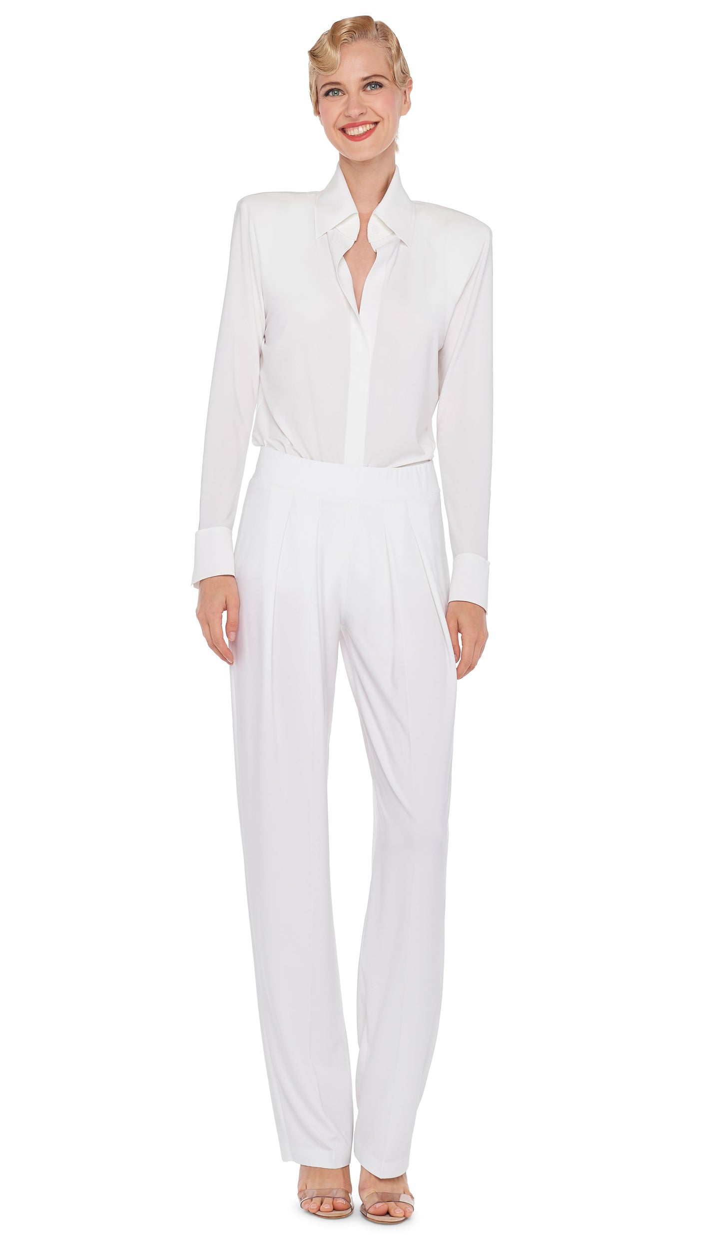 White Blouson-sleeve jersey shirt, Norma Kamali