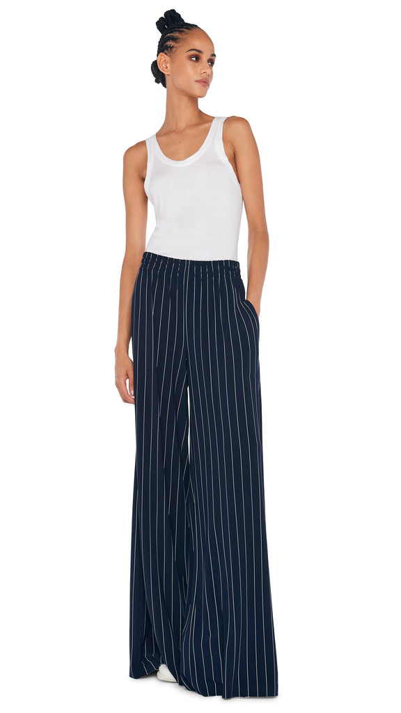 BOYFRIEND ELEPHANT SWEATPANT – True Navy Pinstripe – Norma Kamali