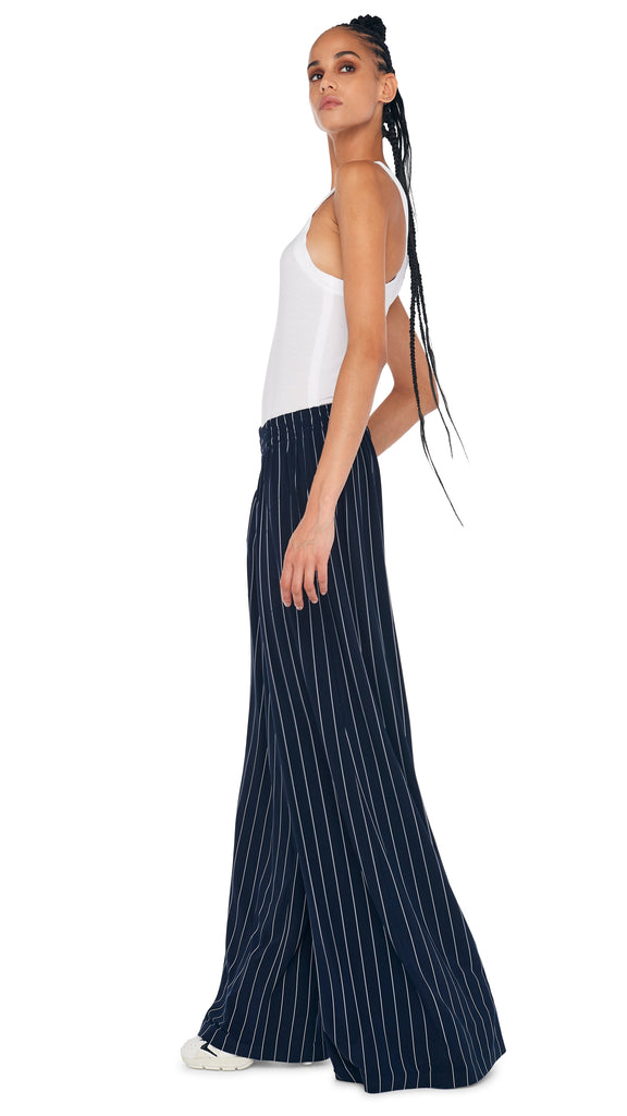BOYFRIEND ELEPHANT SWEATPANT – True Navy Pinstripe – Norma Kamali