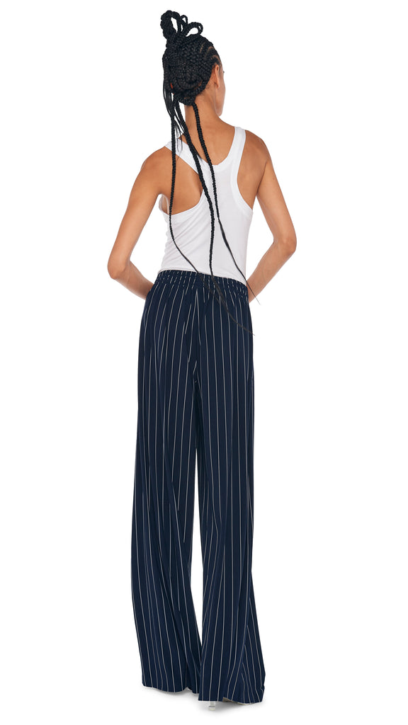 BOYFRIEND ELEPHANT SWEATPANT – True Navy Pinstripe – Norma Kamali