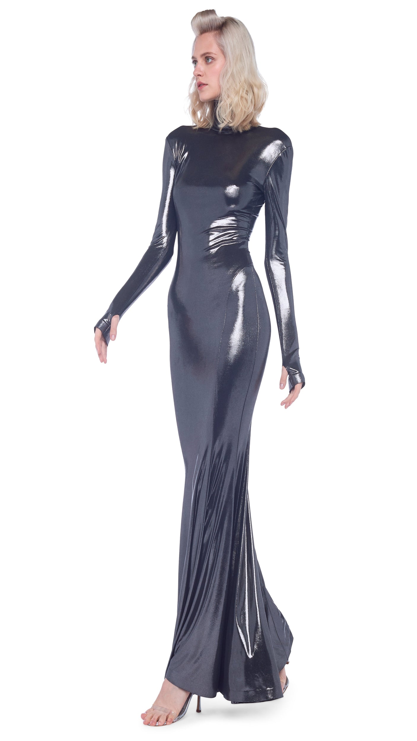 TURTLE FISHTAIL GOWN – Gunmetal – Norma Kamali