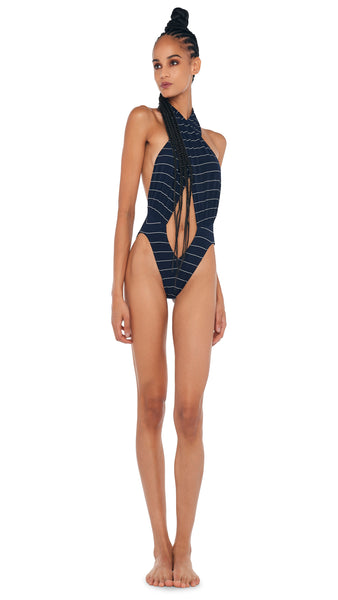 CROSS HALTER BODYSUIT – True Navy Pinstripe – Norma Kamali