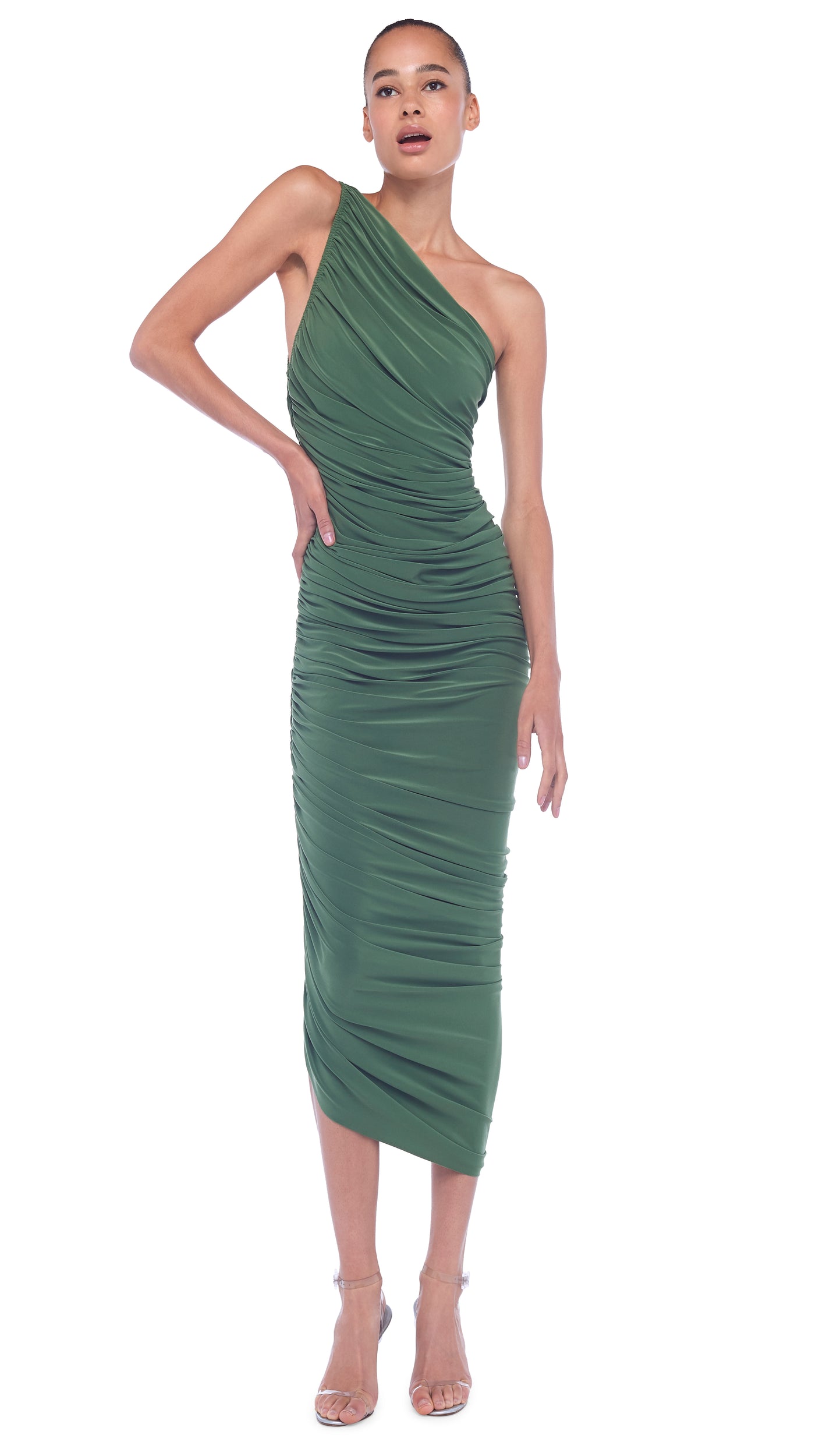 norma kamali diana one-shoulder ruched stretch-jersey dress Norma Kamali Diana One-Shoulder Ruched Knee-Length Dress