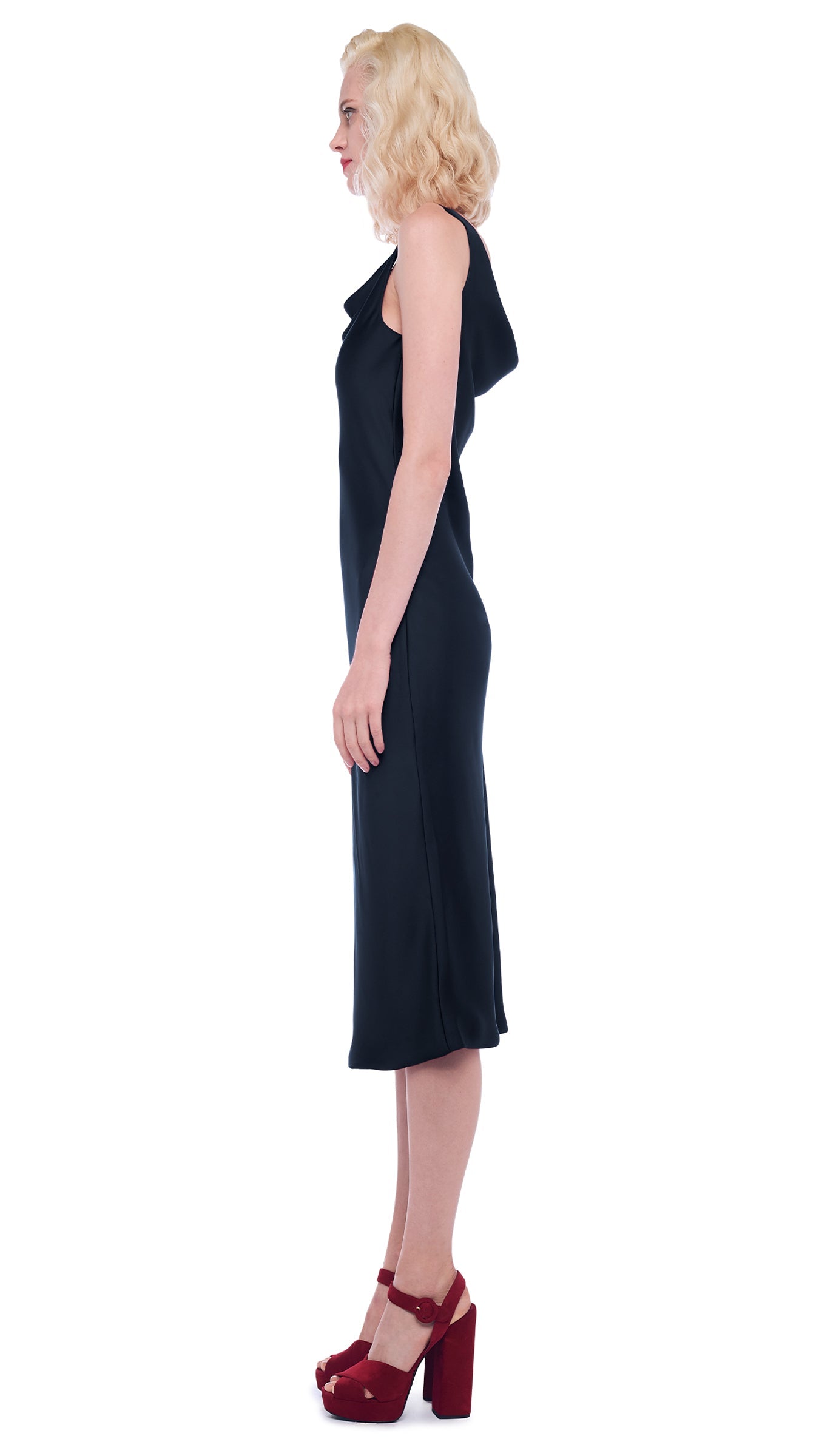 Astoria Black Fitted Midi Dress w/ Cowl Neck