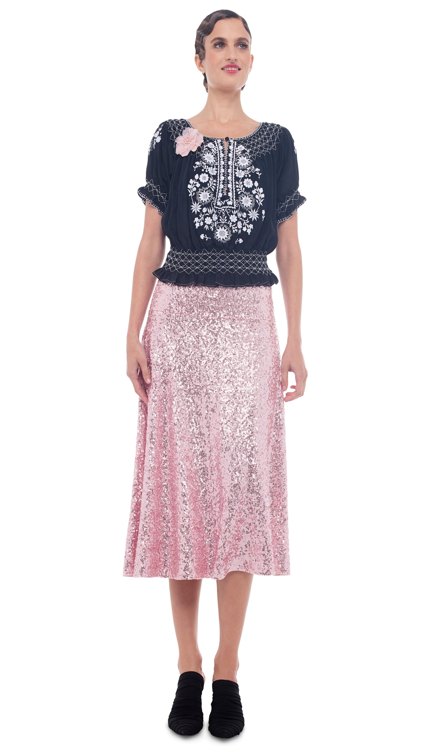 SEQUIN FLARED SKIRT – Metallic Rose – Norma Kamali