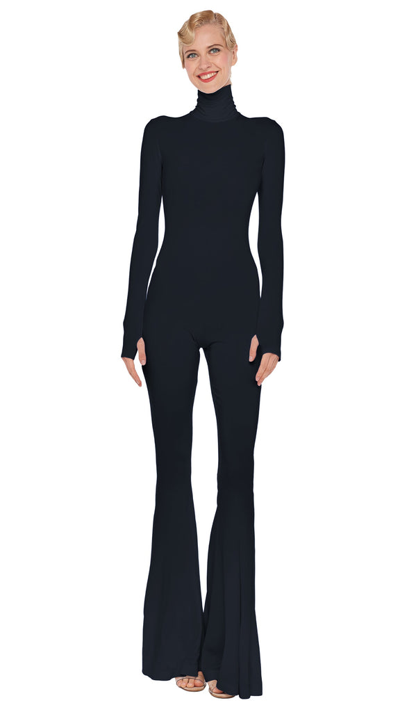 New Norma Kamali Long Sleeve hot Turtle Jumpsuit Black Jersey Back Zip wide Leg