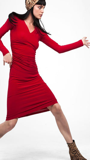 V NECK LONGSLEEVE SHIRRED WAIST DRESS - 1 #1 Thumbnail