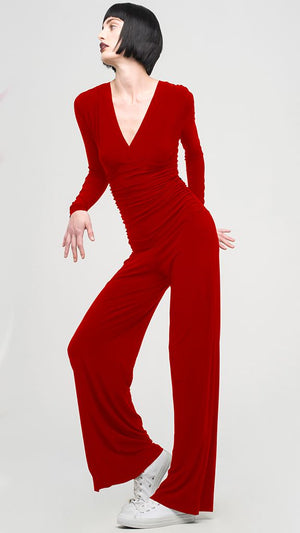 V NECK LONGSLEEVE SHIRRED WAIST JUMPSUIT - 1 #1 Thumbnail