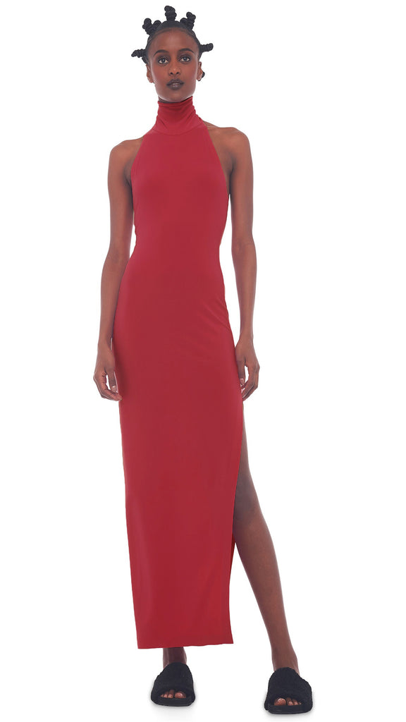 halter turtle dress Norma Kamali Halter Turtleneck Side-Slit Stretch Jersey Midi Dress